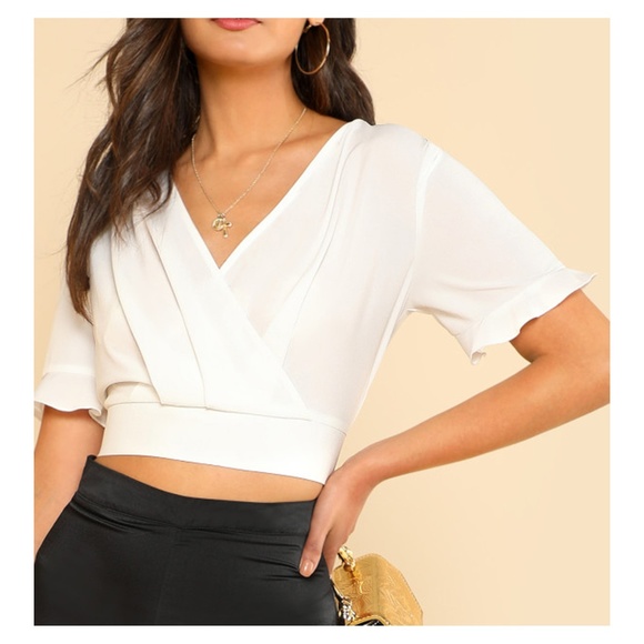 MBM Unlimited Tops - White V Neck Surplice Short Sleeve Crop Top